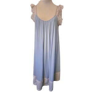 Vtg Lucie Ann Powder Blue Lace Flutter Sleeve Nightgown USA Nighty Lingerie L
